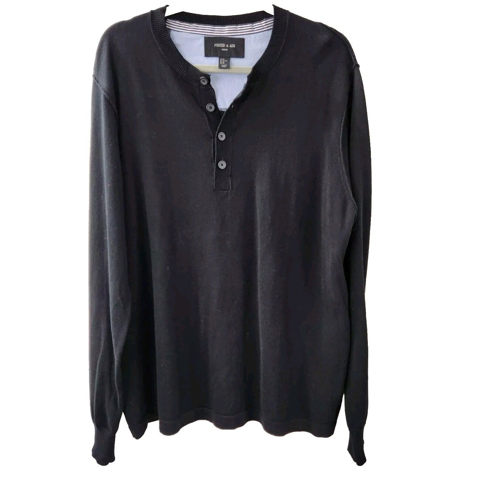 Porter & Ash London Black 1/4 Button Henley XL Sweater Shirt Mens Pullover Top